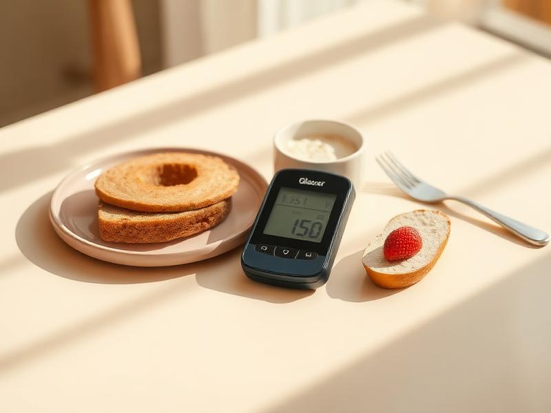 Medidor de glicemia ao lado de refeição equilibrada