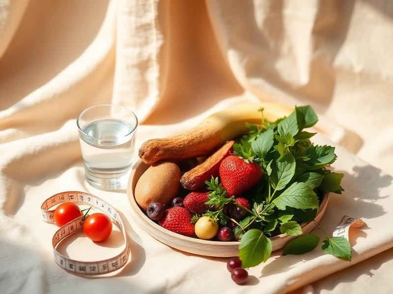 Alimentação equilibrada e fita métrica sobre tecido claro